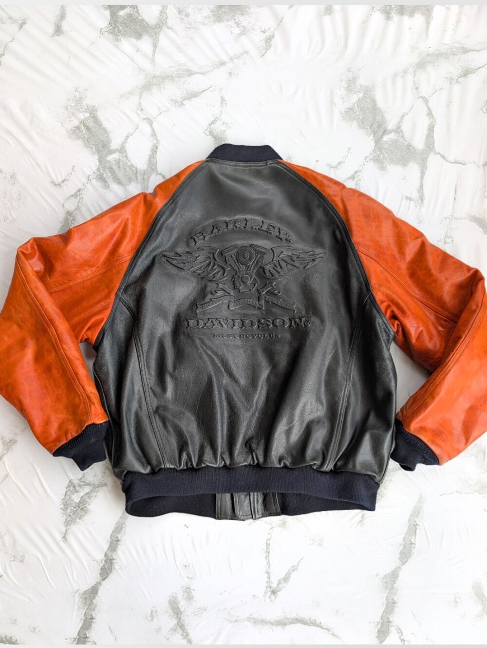 Harley Davidson Black Orange Embossed V Engine Motorcycle Bomber Jacket Mens XL